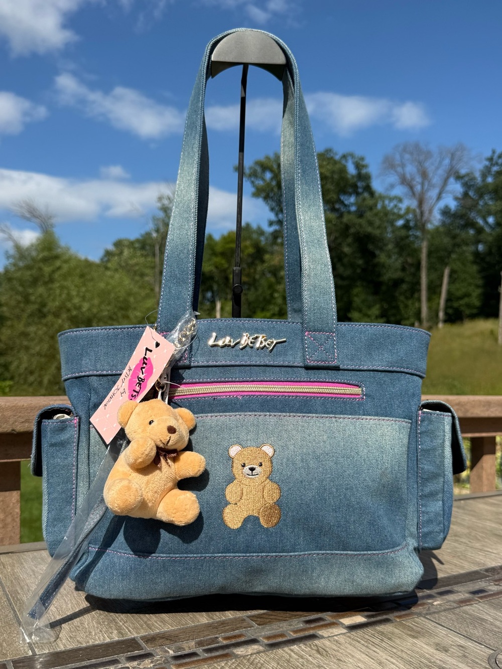 NWT Betsey Johnson blue denim teddy bear tote bag